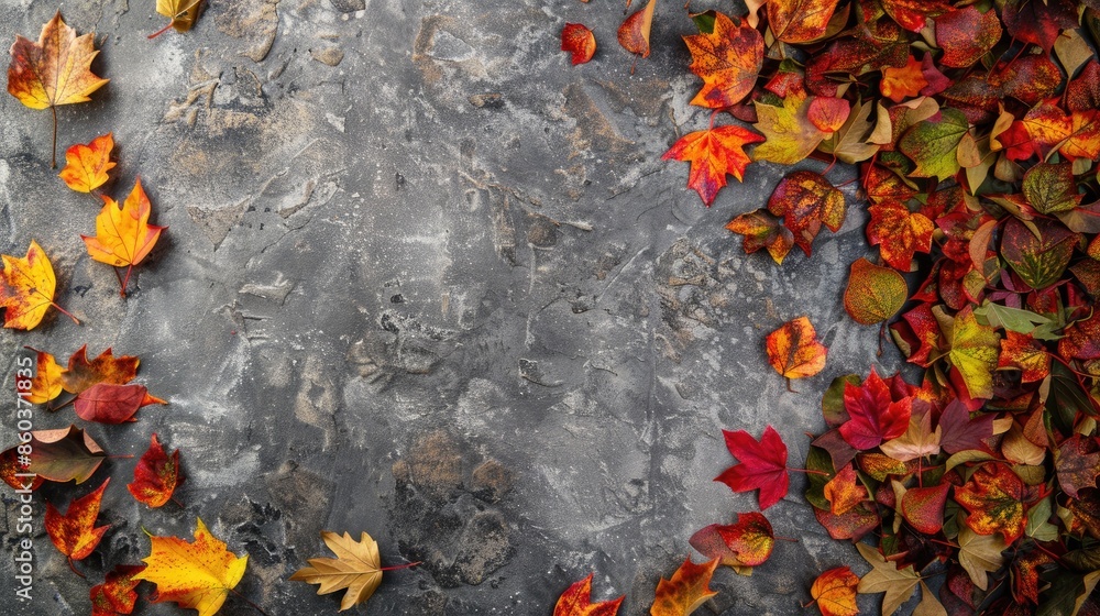 Poster autumn foliage on gray backdrop in vertical layout with space for text