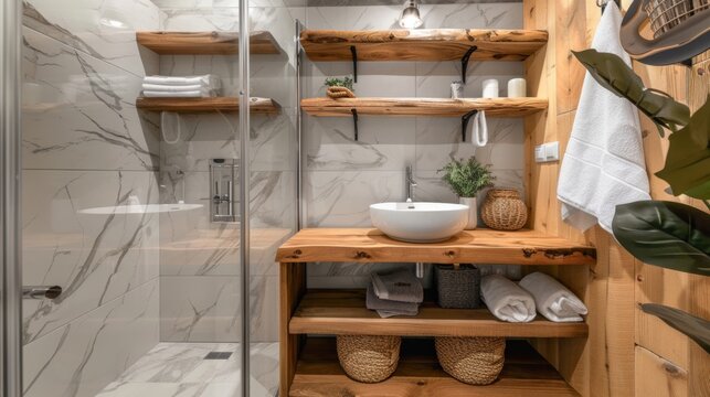 259. Bathroom with a shower, sink, and storage shelves