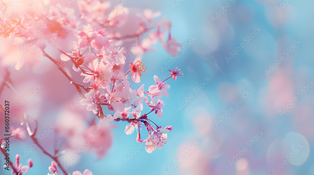 Aufkleber Branches of blossoming cherry macro with soft focus on gentle light blue sky background in sunlight with copy space Beautiful floral image of spring nature panoramic view : Generative AI