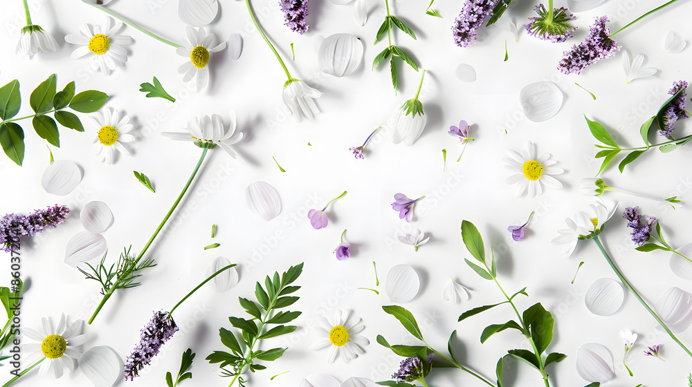 Poster frame of chamomiles branches leaves and lilac petals on white background flat lay top view : generat
