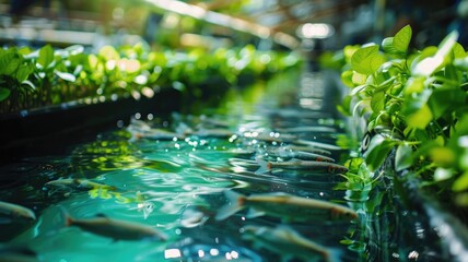 Serene aquaponics system with tilapia fish and lush green plants