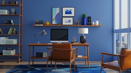 253. Home office with a desk, computer, and shelves