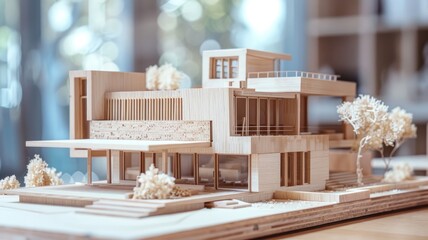 Modern wooden architectural model of contemporary house with detailed landscaping