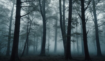 Fototapeta premium Dense forest with tall trees and misty atmosphere.