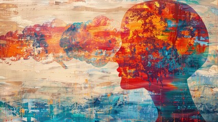 Obraz premium Abstract art of silhouetted head with vibrant colors and cloud forms