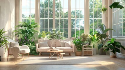 Fototapeta premium A bright and airy living room with pastel-colored furniture, houseplants, and large windows that offer a view of a lush garden