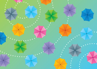 雨をイメージしたカラフルな傘のイラスト