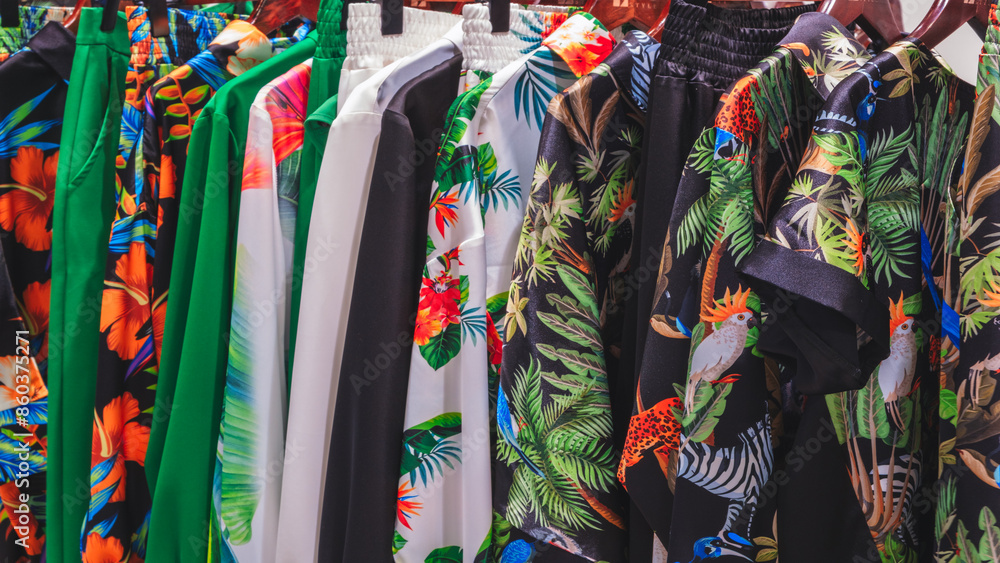 Poster A row of colorful shirts with tropical prints hanging on a rack. The shirts are arranged in a way that they are all visible and easy to see. Scene is bright and cheerful, as the tropical prints