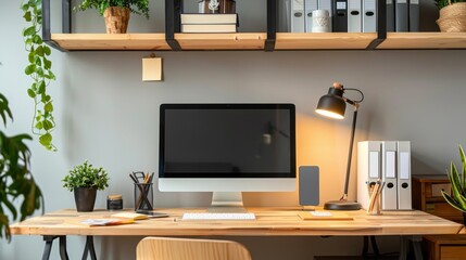 229. Home office with a computer, desk lamp, and organized shelves