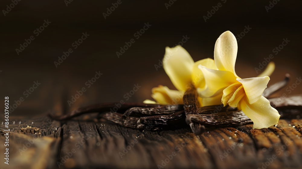 Poster vanilla flowers and pods close up vanilla beans over wooden background macro shot aromatic condiment