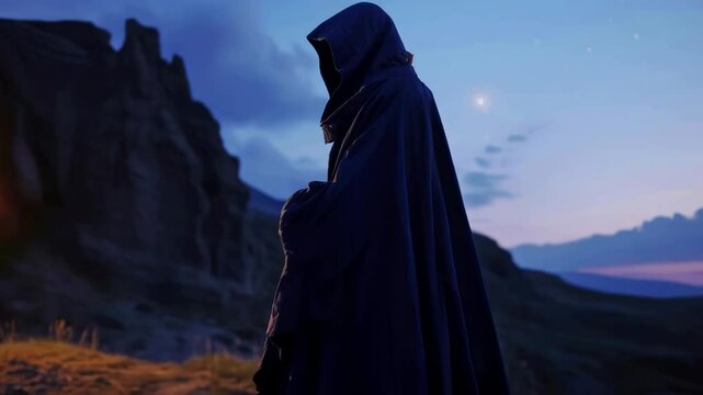 A person dressed in a cloak stands on a hill overlooking the landscape.