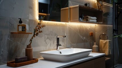 211. Bathroom with a sink, mirror, and storage shelves