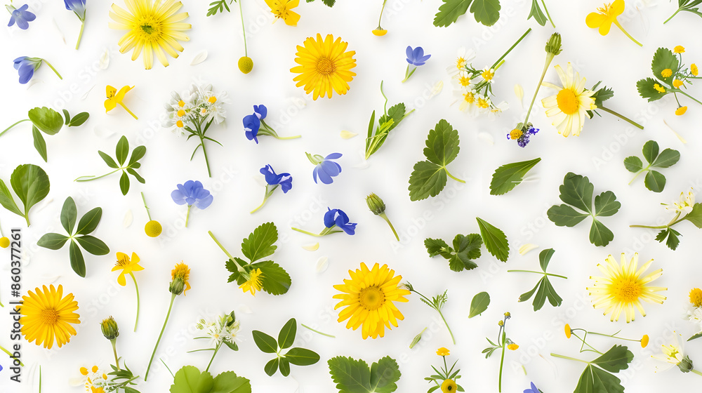 Aufkleber meadow flower creative pattern daisy cardamine dandelion scilla and viola flowers with leaves on whi