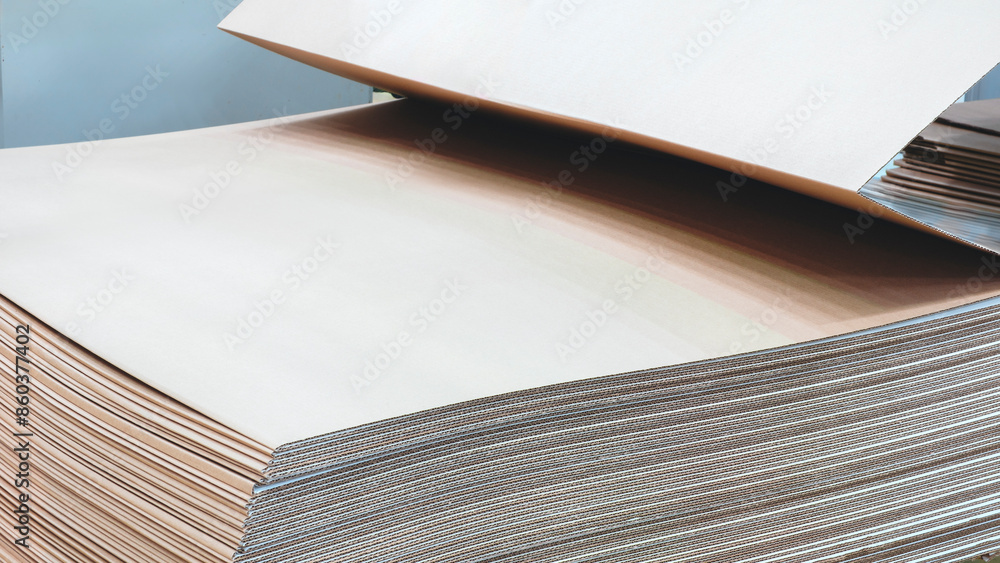 Poster Elements of corton boxes are collected in stack. Conveyor line for the production of boxes. Machine cuts cardboard boxes from sheets of cardboard. Enterprise for the production package.