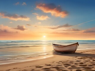 a small boat docked on the sand beach at dusk