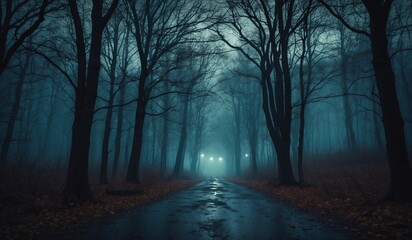 Naklejka premium Misty forest path illuminated by faint streetlights.