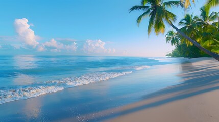 A serene morning view of a tropical beach with gentle waves, a clear blue sky, and soft light illuminating the sand and palm trees, creating a peaceful and inviting atmosphere.