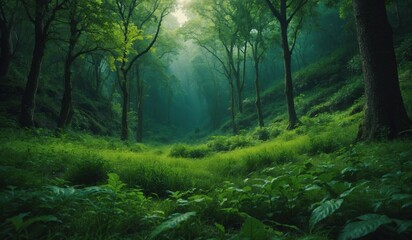 Naklejka premium Lush green forest with soft light filtering through trees.