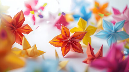 Fototapeta premium Beautiful origami flowers on white background : Generative AI