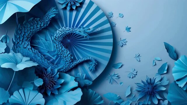 A detailed illustration of a dragon paper cut surrounded by lush greenery, ideal for decorative purposes or as an element in a fantasy design.