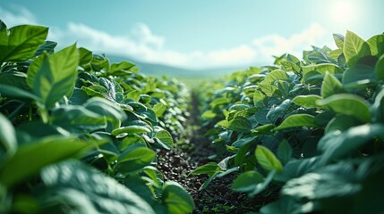 Fototapeta premium Close-up view of green plants growing in a field under sunlight.