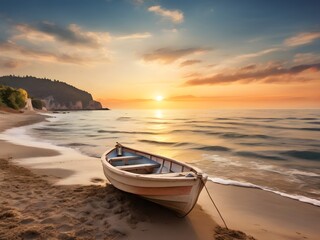 a small boat docked on the sand beach at dusk