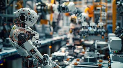 Fototapeta premium industry robot and robotic arms for assembly in factory production. Concept of artificial intelligence for industrial revolution and automation manufacturing process