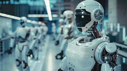 industry robot and robotic arms for assembly in factory production. Concept of artificial intelligence for industrial revolution and automation manufacturing process