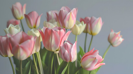 Obraz premium Tulip bouquet tulips spring flowers close up blooming pastel pink tulips Easter background bunch Beautiful Spring flowers blooming beauty flower Watercolor Belle Epoque tulips over gre : Generative AI