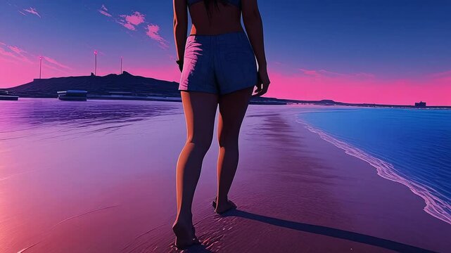 close up tracking view woman barefoot walk steps on the beach sand synthwave animation