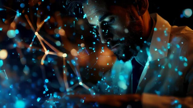 A scientist in a lab coat sitting in front of a laptop, likely working or researching.