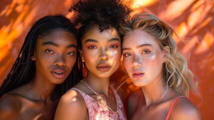 Fototapeta premium Portrait of multiracial women looking at the camera on a sunny day against a bright background. Beautiful women in casual clothes walk outdoors. Fashion, style and beauty concept.