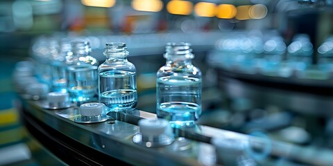 Close-up view of glass bottles on pharmaceutical production line. Concept Glass Bottles, Pharmaceutical Industry, Production Line, Close-up Shots, Manufacturing Process