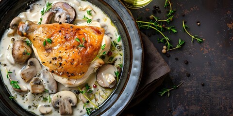 Delicious chicken fricassee with white wine cream sauce and mushrooms displayed on a table. Concept Food Photography, Gourmet Meal, Culinary Delight, Elegant Presentation, Fine Dining