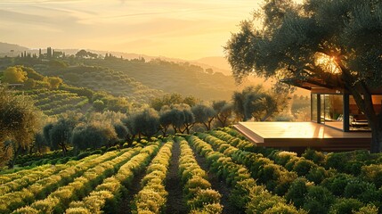 Fototapeta premium Modern house with wooden deck overlooking olive grove and rolling hills at sunset.