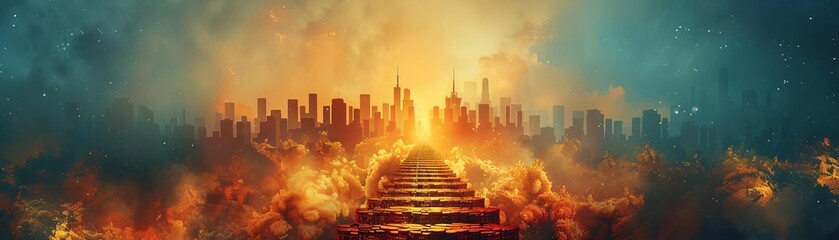 Conceptual image of a ladder made of gold coins leading to a city skyline Wealth journey Path to financial success and urban prosperity