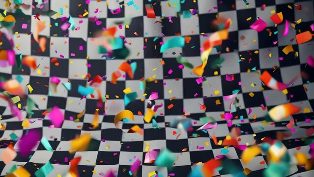 A colorful burst of confetti on a classic checkered floor, perfect for celebrations and parties.