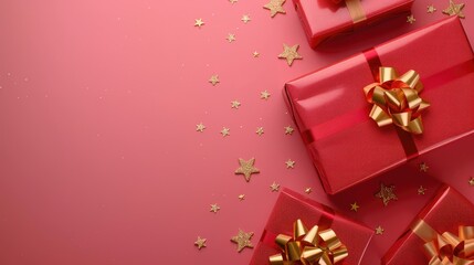 red gifts with golden bows and ribbons near stars