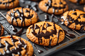 spooky Halloween themed chocolate cookies with scary faces decoration on a dark background