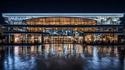 Fototapeta premium Night view from front of a Shopping mall with glass windows and glass doors