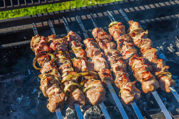 Close-up view of barbecue skewers grilling over charcoal on aluminum skewers on sunny summer day. Sweden.