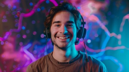 Happy Man with Headphones Enjoying Music - Generative AI