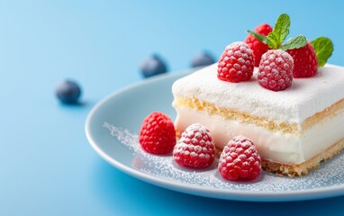 delicious cake slice with fresh raspberries and powdered sugar on blue background.