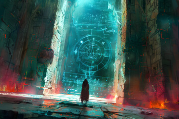 A vibrant illustration of a human guardian standing watch over an ancient relic, with magical barriers and runes, set in a sacred chamber 