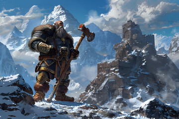 A high-resolution illustration of a dwarf warrior defending a mountain stronghold, with a battle hammer and sturdy armor, set against a backdrop of snowy peaks