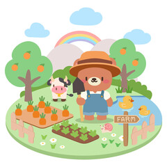 Cute Kawaii Bear Farmer with Animals on a Farm. Adorable Cartoon Scene. Kawaii Farm Life with Bear, Cow, and Ducks. 