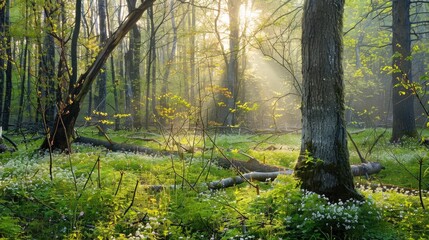 Obraz premium Forest blossoming with sunlight and fallen branches in spring