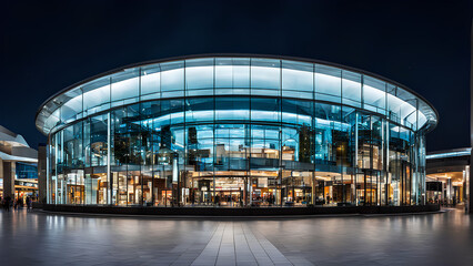 Night view from front of a Shopping mall with glass windows and glass doors