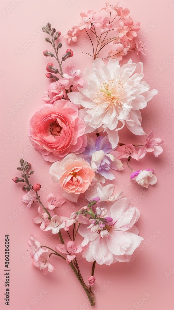 Wall mural floral composition on pink background. happy mother's day, birthday, anniversary concept