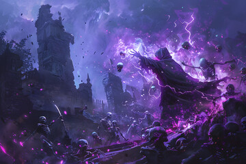A detailed illustration of a human necromancer raising an army of skeletons, with dark energy emanating from their hands, set in a spooky graveyard